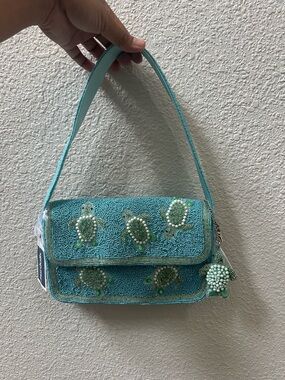 Marshalls Aqua Beaded Shoulder Bag with Turtle Motif